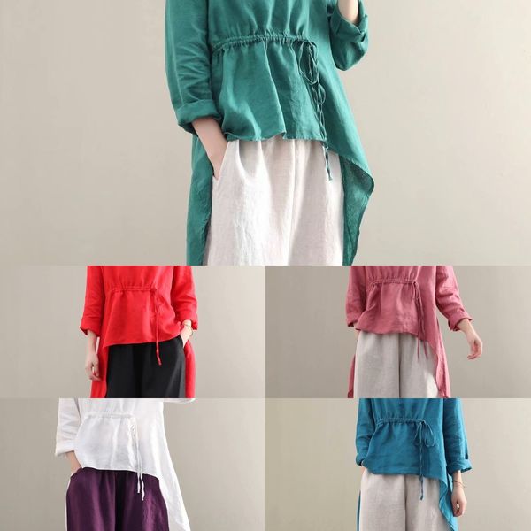 

autumn new linen solid color long sleeve t-shirt women's round neck with drawstring front coat t-shirt short back long hem linen sy9, White