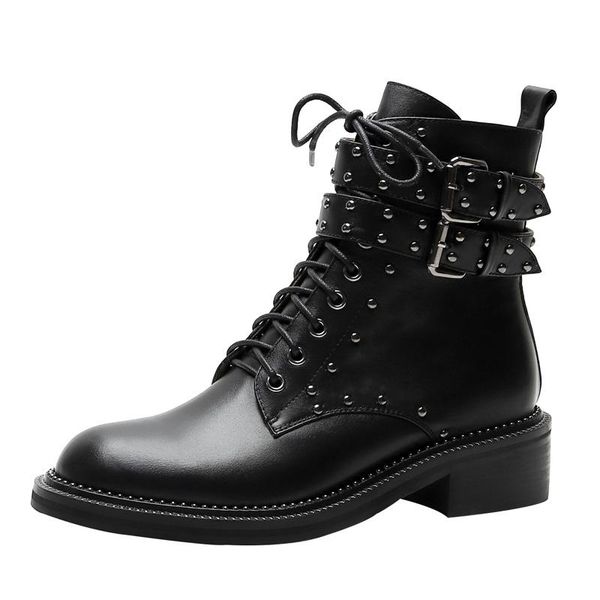 

100% leather motorcycle boots women autumn winter low square heels buckle shoes g269 woman round toe black rivets ankle boots