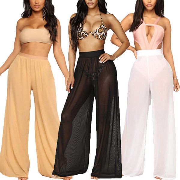 

2020 women lace wide leg high waist see through flared mesh summer beach stylish pants, Black;white