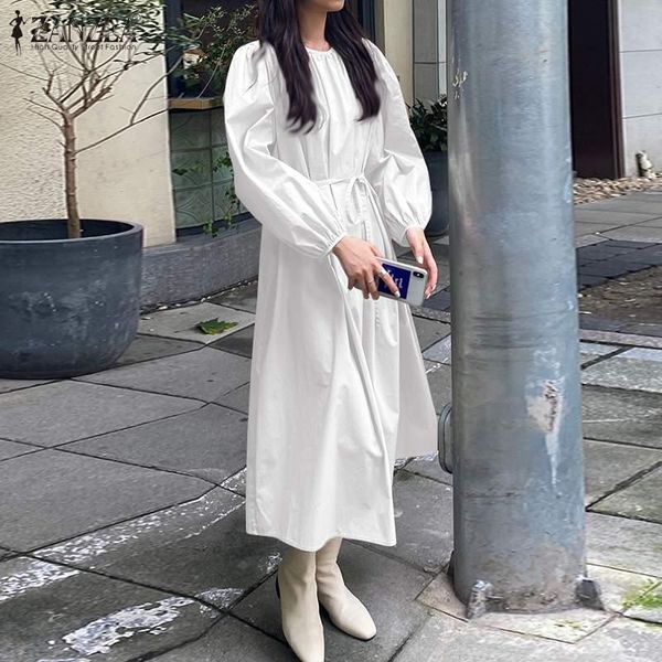 

zanzea 2021 stylish smocked long puff sleeve dress women lace-up baggy vestidos casual vintage solid sundress tunic plus size, Black;gray