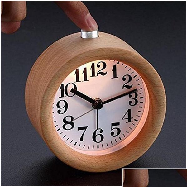 

handmade classic small round clock wood silent desk alarm clock with desk lamp fo jllyly comb2010