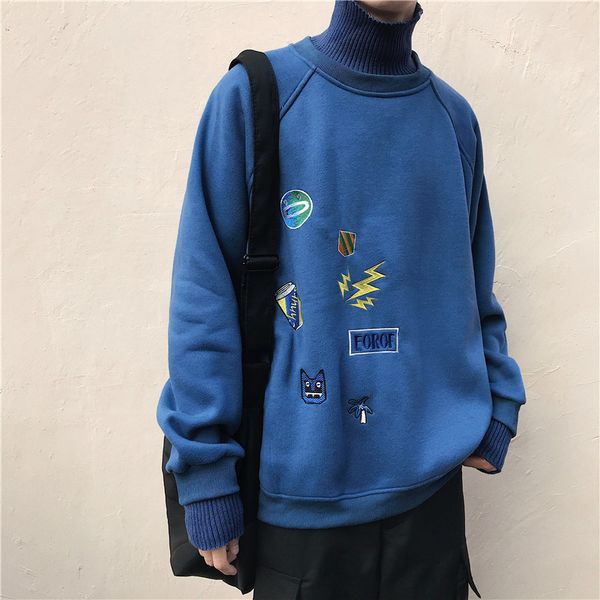 

autumn and winter thickened plush half high collar sweater ins korean fashion hip hop coat men's wear, Black