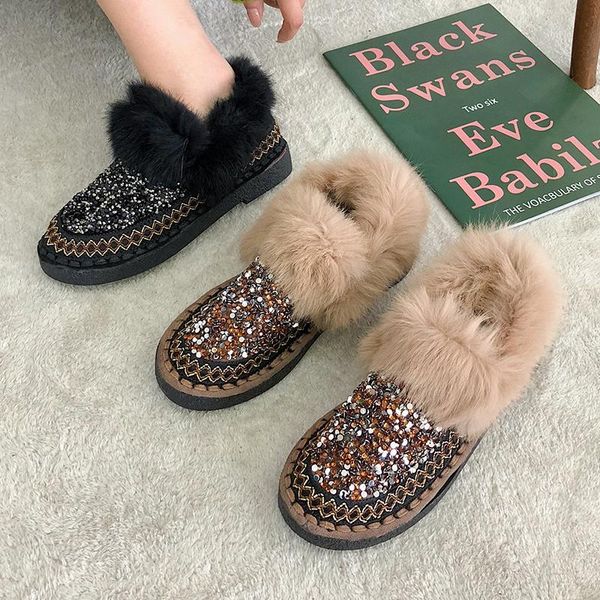 

women shoes female home fur flat shoes furry snow boots women bling rhinestone fashion winter woman ladies warm loafers, Black