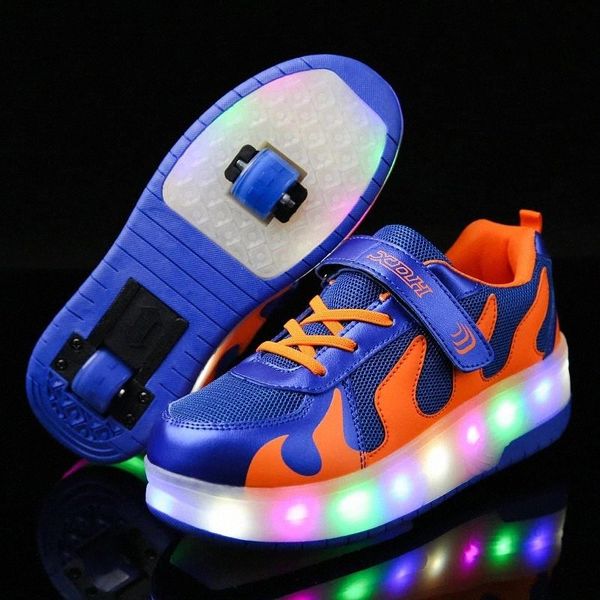 

two wheels blue black luminous sneakers led light roller skate shoes for children kids shoes boys girls light up #tl6y