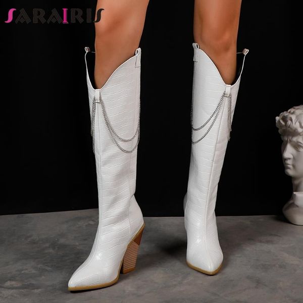 

SARAIRIS Plus Size 34-48 Female 2020 Autumn Fashion Boots Knee High Boots Women Pointed Toe Thick High Heels Chain Shoes Woman, Black