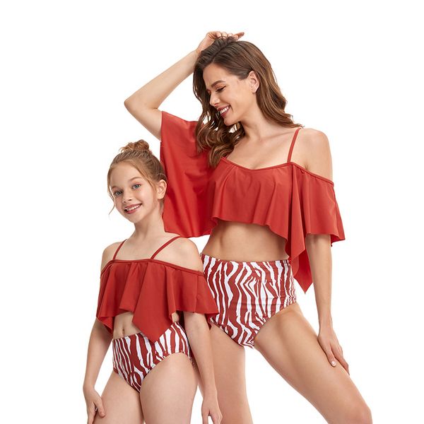 

wholesale parent-child swimwear puff sleeve tassel covering belly split bikini vest style high waist mesh children's swim wear