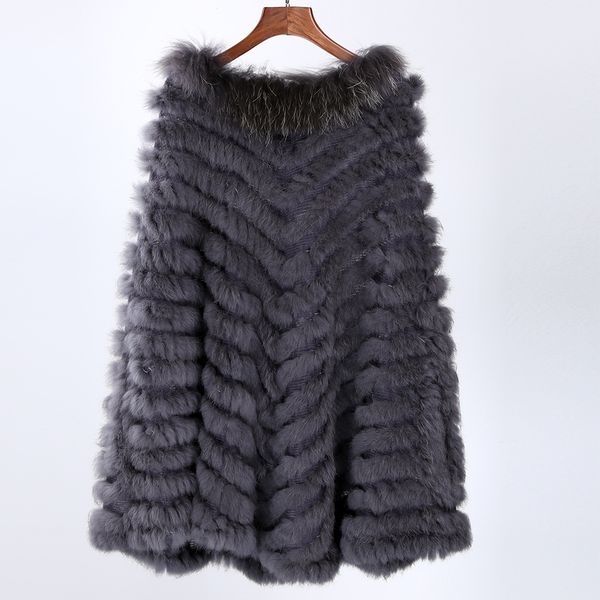 

new women's luxury pullover knitted genuine rabbit fur raccoon fur poncho cape scarf knitting wraps shawl triangle coat 201103, Blue;gray
