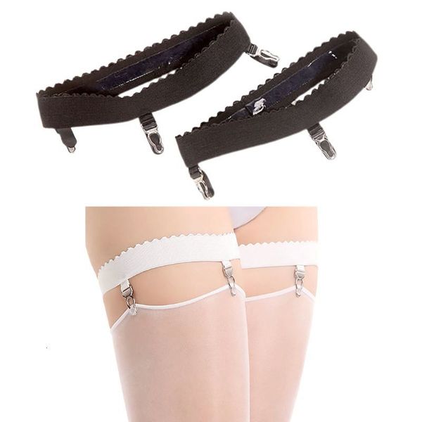 

2pcs/pair womens elastic anti slip leg garter belt ring thigh high stocking suspenders with 3 clips cosplay costume, Black;white