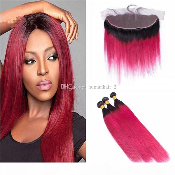 

rose red human hair bundles with lace frontal closure rose red brazilian straight virgin hair extensions with 13*4 ear to ear lace frontal, Black;brown