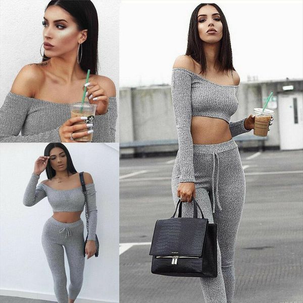 

2018 новый мода 2 piece set женщин с плеча crop top и длинные штаны костюм дамы сексуальный досуг двухкусочный tracksuit, Gray