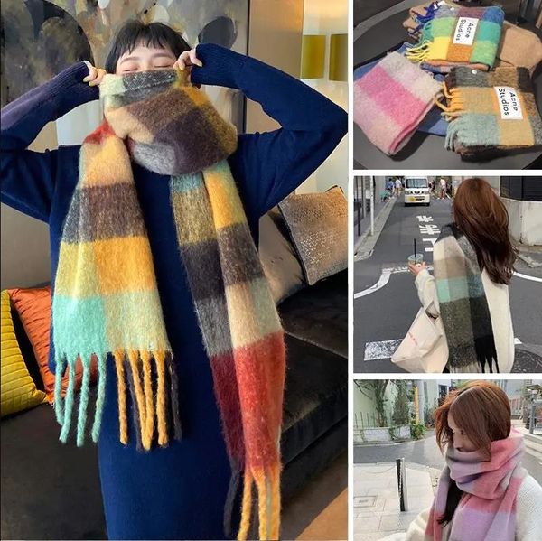 

women sacrf luxurious brand cashmere winter scarf scarves designer acne studio blanket scarves women type colour chequered tassel imitated w, Blue;black