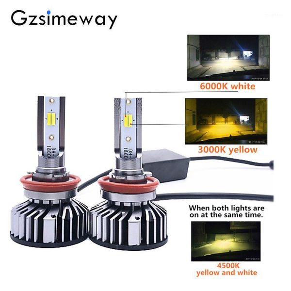 

2 pc car led h11 headlight tricolor h1 h7 h3 3 9005 4 h27 h8 9004/7 12v 3000k 4300k 6000k 3 colors changing led fog light1