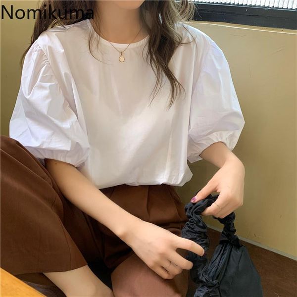 

women's blouses & shirts nomikuma causal o-neck women blouse puff short sleeve solid 2021 summer korean blusas mujer 6b257, White