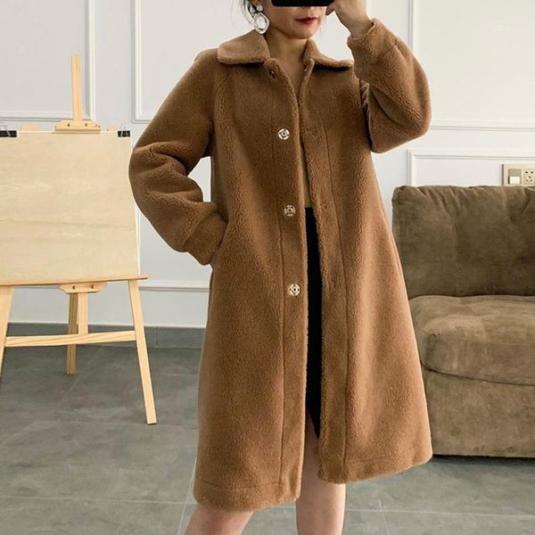 

women's wool & blends womens winter warm outwear solid outerwear plush cardigan loose turn-down pocket coat l10101, Black
