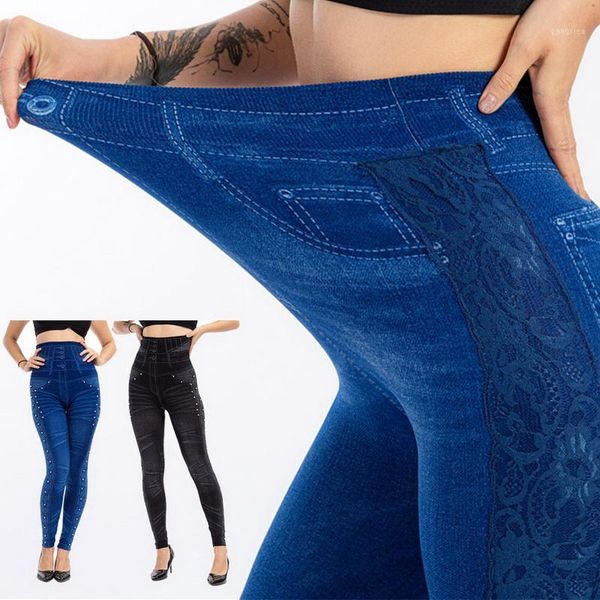 

summer faux jeans seamless legging women high waist corset print hollow out push up workout running leggings stretch pants1, Black