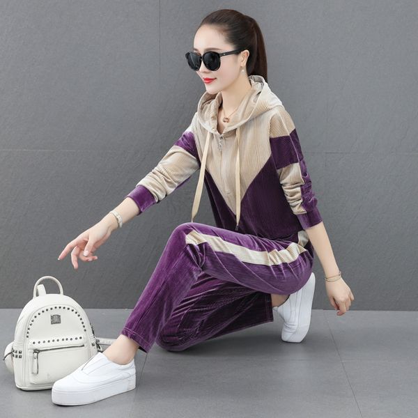 

plush leisure sportswear sportswear suit for women spring and autumn 2020 new fashion long sleeve hooded slim two piece suit aneat, Gray