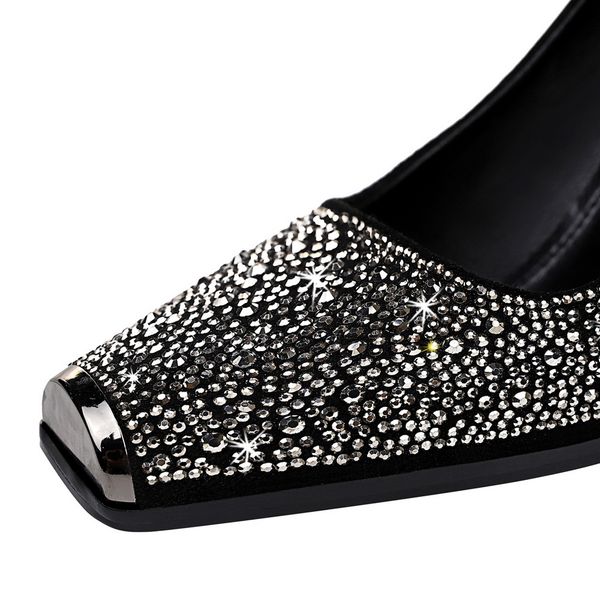 

spring chunky 8cm high heels pumps women low heels bling gold rhinestone crystal heels party wedding luxury sparkly shoesmultifunction, Black
