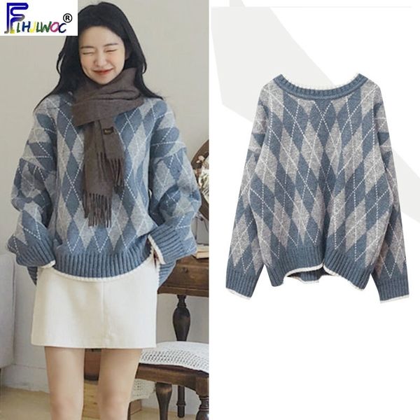

autumn winter basic pullovers women fashion long sleeve cute sweet preppy style girls plaid knitted sweater pullover 9219 y200720, White;black