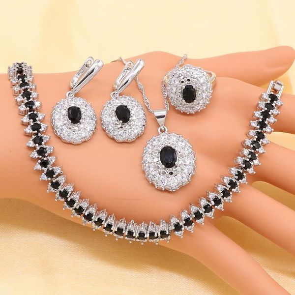 

silver bridal jewelry sets for women black imitated emerald crystal white zirconia necklace pendant earrings ring bracelet