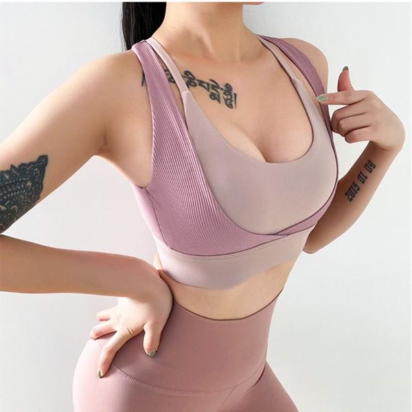

fake two women sports bra back adjustable yoga women running bra gym shockproof gather fitness exercise underwear, White;black