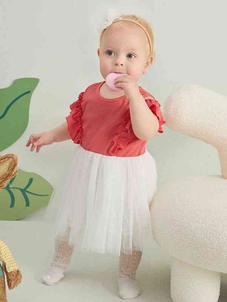 

baby frill trim cold shoulder color block mesh overlay dress she, Red;yellow