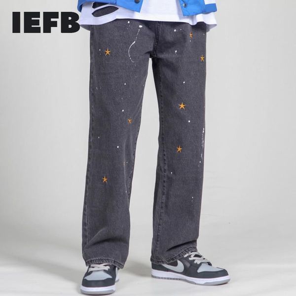 

men's jeans iefb / wear street splash-ink embroidered loose trendy straight vintage dad pants men hip hop denim trousers 9y4180, Blue