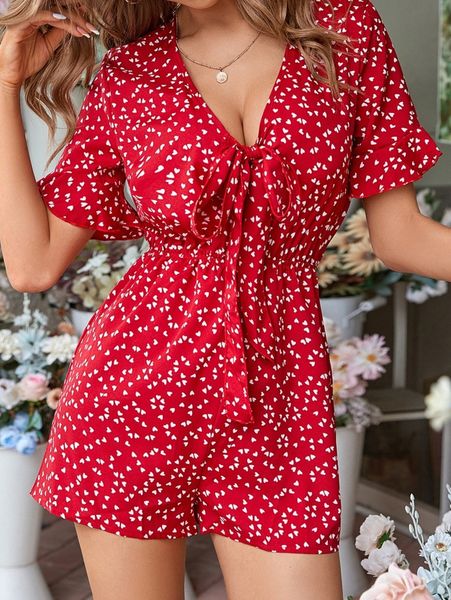 

allover heart print tie front romper 200v#, White