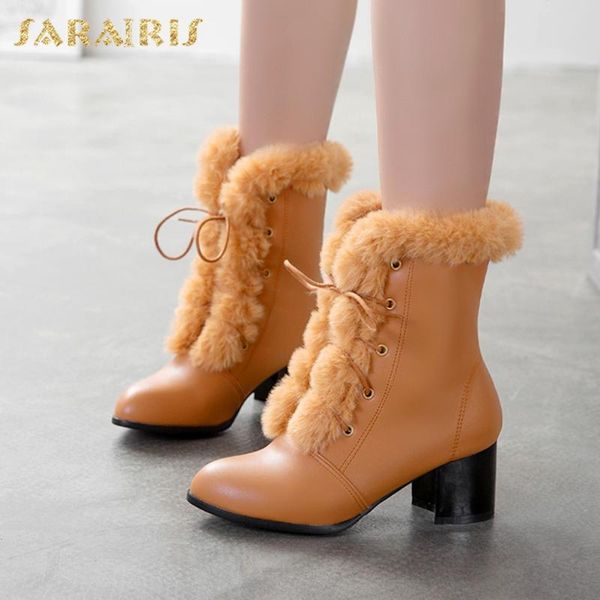 

sarairis 2021 new design snow boots woman shoes thick heels shoelaces concise elegant trendy warm plush winter boots ladies, Black