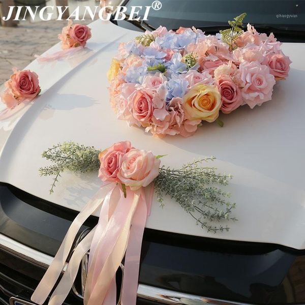 

pink silk rose hydrangea fake plants fern artificial flower ribbon wedding car flower set decoration wedding supplies1