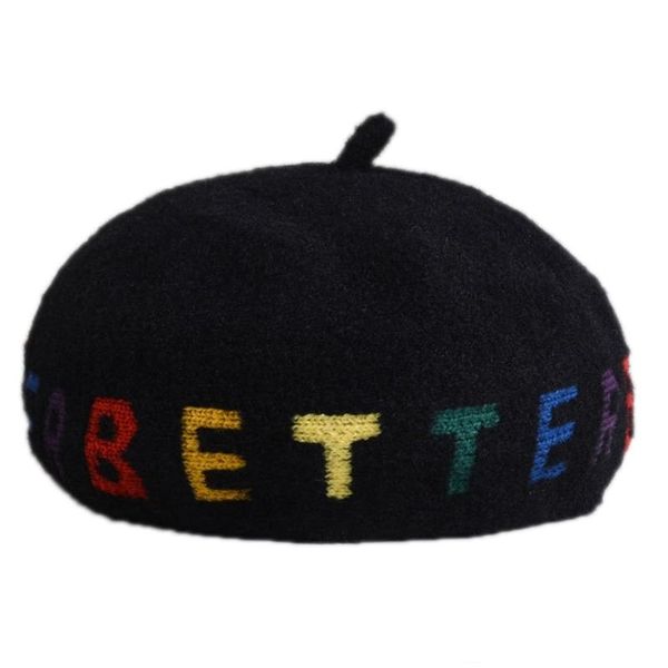 

female autumn winter faux wool beret cap british style rainbow colorful better letters embroidery painter artist beanies m7dd, Blue;gray