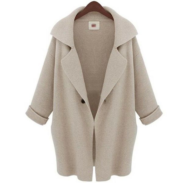 

warm outwear fashion long sleeve winter button loose with pockets mid length knitting solid cotton blend lapel neck women jacket, Black;brown