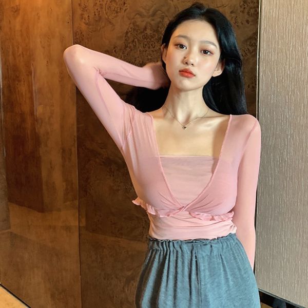 

2020 summer new korean version of thin mesh sunscreen coat + two piece fashion suit with bra inside