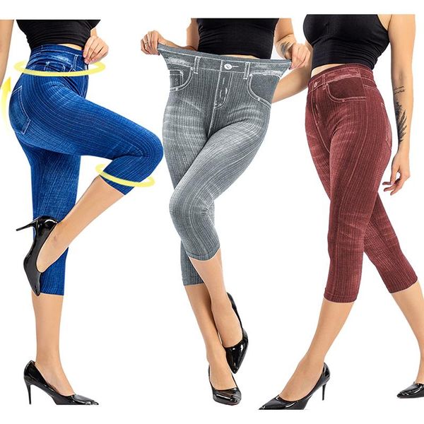 

faux jeans leggings woman stretch printed short leggins pants summer breeches high waist perfect fit jeans jeggings, Black