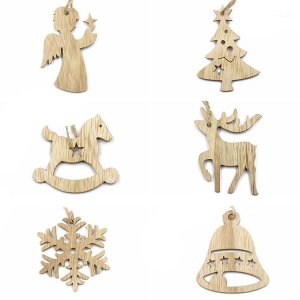 

christmas decorations 6pcs snowflakes deer angel bell wooden pendants ornaments for xmas tree ornament party kids gift1