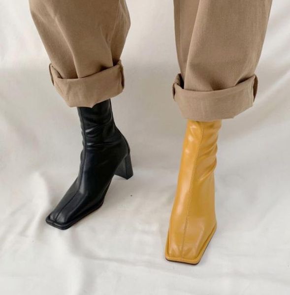 

fashion ankle elastic sock boots chunky high heels stretch women autumn booties square head women pump shoes, Black