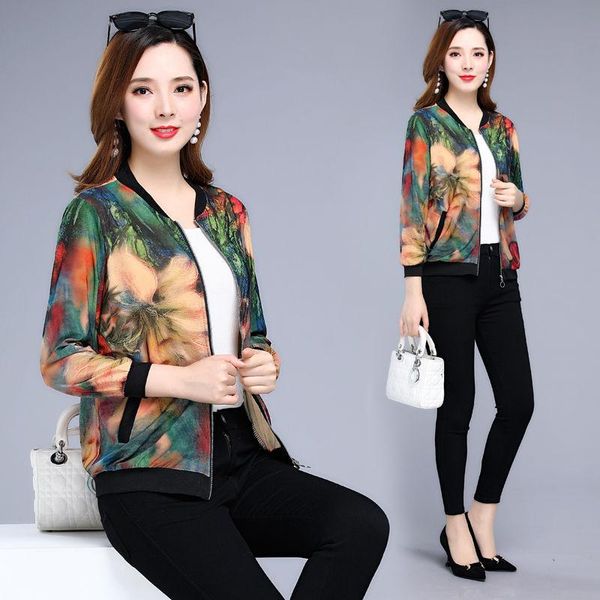 

print bomber jacket women flowers zipper up retro coat spring 2021 summer long sleeve basic plus size short biker jackets female, Black;brown