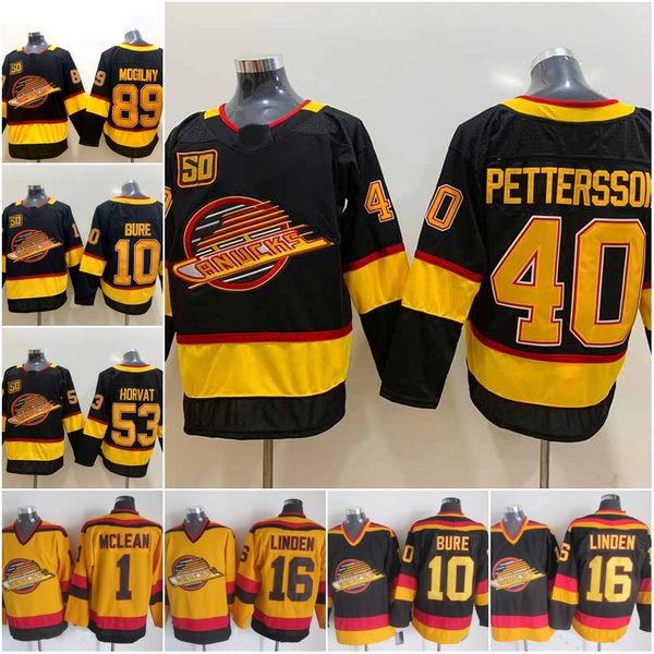 

40 elias paterson vancouver canucks hockey jersey 10 pavel bure 16 trevor linden 1 kirk mclean 53 bo horvath 6 brock boeser jerseys, Black