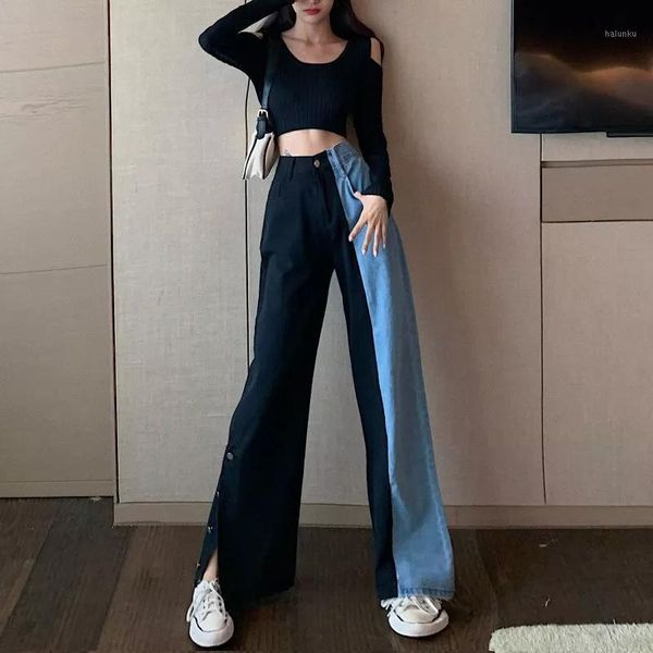 

men's jeans 2021 band women pants leisure loose high waist vintage wide leg split street wear simple full-length straight trousers1, Blue