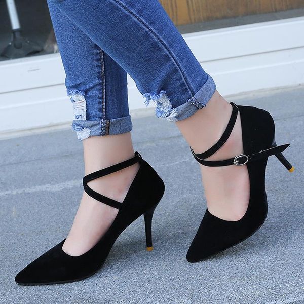 

spring sweet women pumps pointy heel heels black flock pointed toe mary janes casual wedding office buckle strap lady shoes