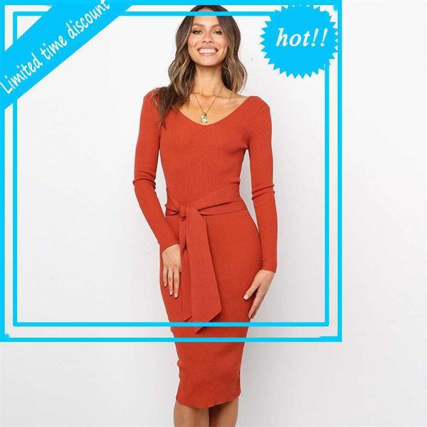 

stylish women long mouw used slim fit v-neck lace up midi jurk effen color backless lent herfst dress, Black