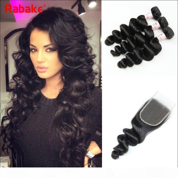

loose wave raw indian remy human hair bundles with closure rabake 4x4 swiss lace closures with baby hair 9a grade remy hair extensions, Black;brown