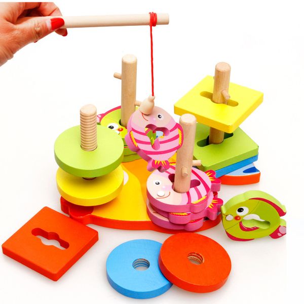 Bebê brinquedos de madeira Jogo de pesca magnética e quatro colunas Geometria Geometria Blocos de Construção de crianças Modelo de Madeira Clássico Bloco Presente LJ201124