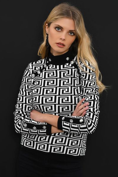 

cool & women button accessorized patterned sweater t200116, White;black