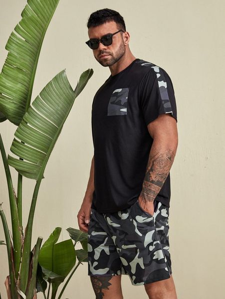 

extended sizes men camo print patched pocket tee & shorts p0es#, Gray