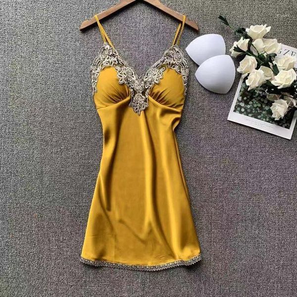 

lisacmvpnel ice silk nightgown female lace chest pad v-neck nightwear1, Black;red