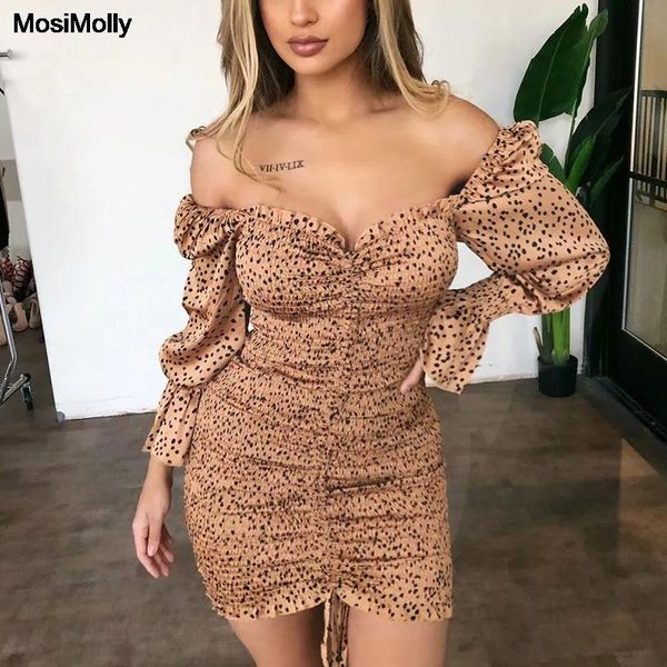 

mosimolly leopard print dress women autumn winter shirred ruffle dress female vestidos mini, Black;gray