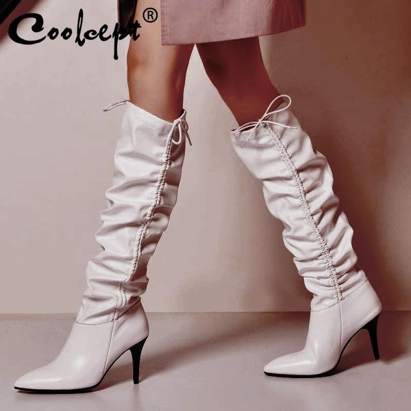 

boots coolcept real leather knee high for ladies pointed toe stiletto heel shoes stylish glitter ornate size 34-43, Black