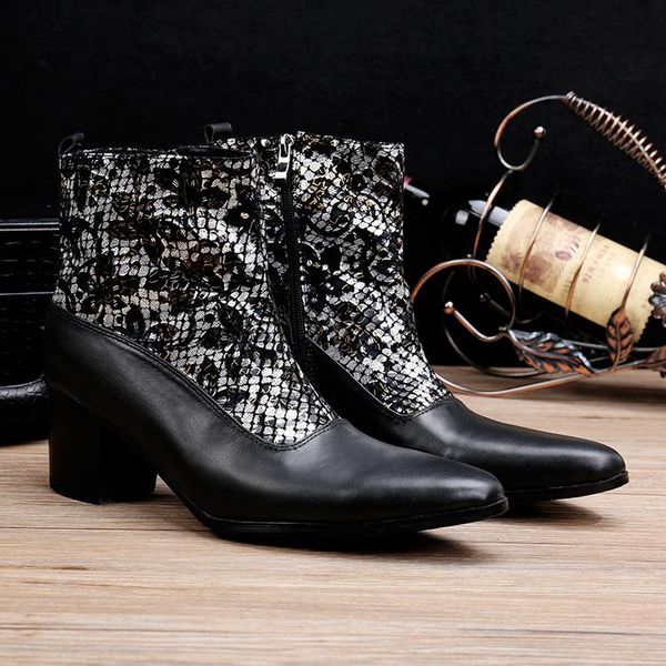 

cool short boots martin boots zipper cowboy casual men's botas hombre cuero cow leather pointed toe ankle genuine leather, Black