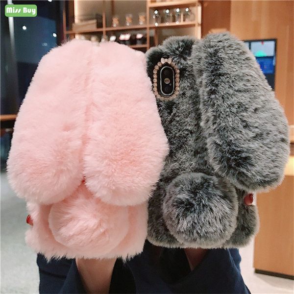 

43fgears fur plush rabbit phone cases for iphone 11 pro 12 promax max xr xs x 6 6s 7 8 plus cover cute 3d protection shell