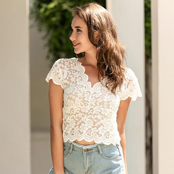 

women blouse shirts see through lace blouse scalloped sheer floral lace v neck v back summer holiday beach party short tunic top, White